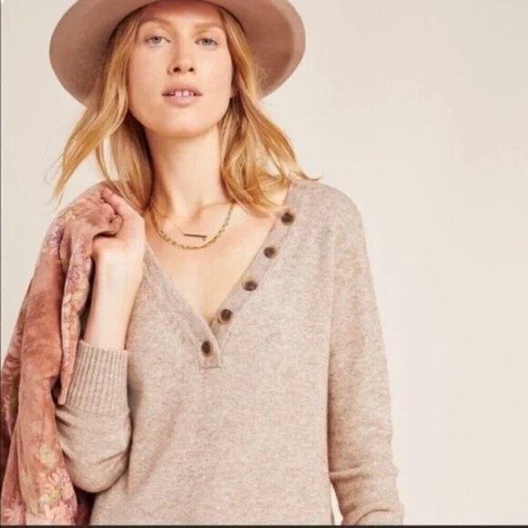 Anthropologie Serena Pullover V-Neck Long Sleeve Tan Beige Sweater Oversized S - Picture 2 of 10